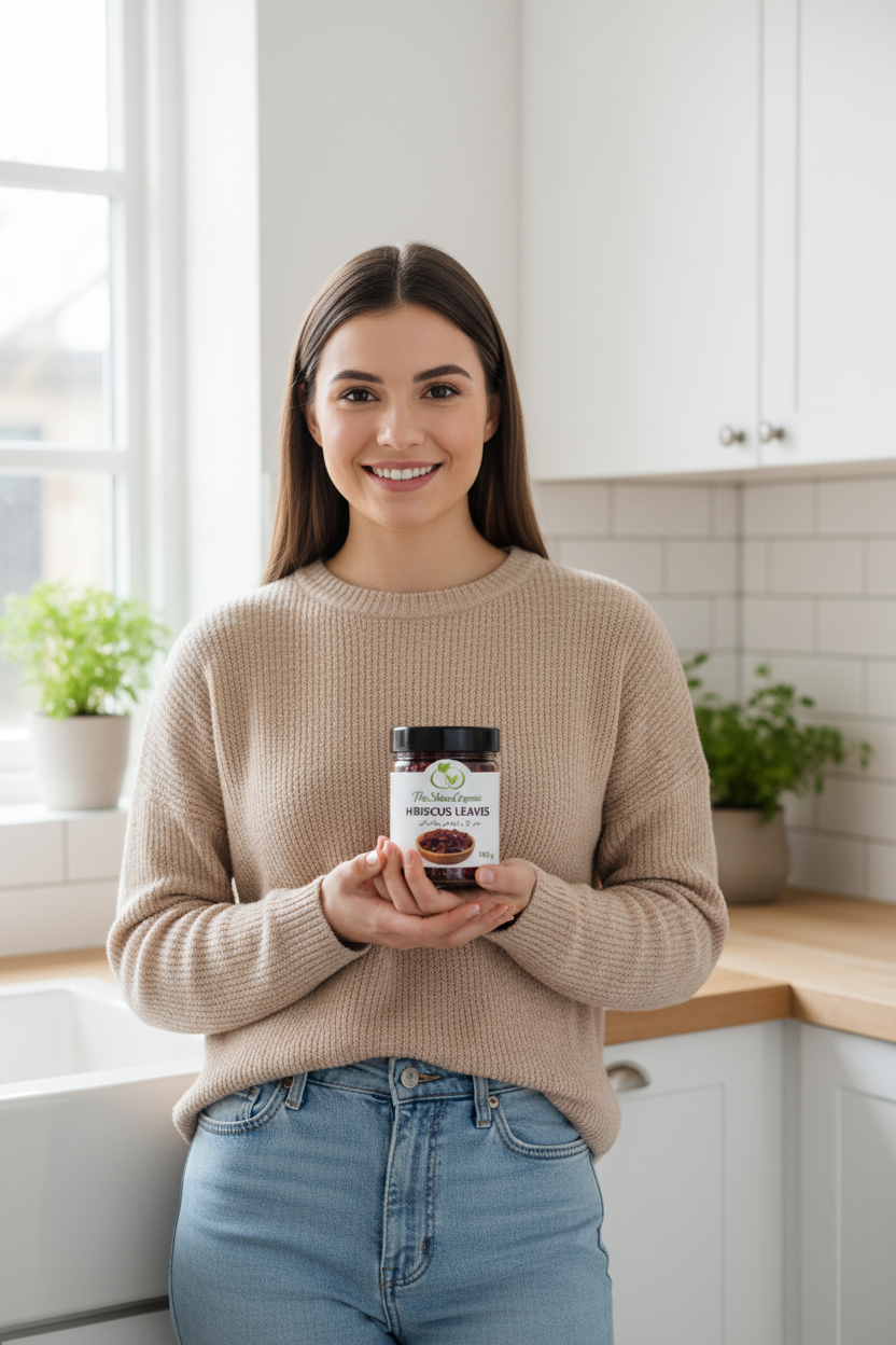 Woman Holding Hibiscus Leaves Jar