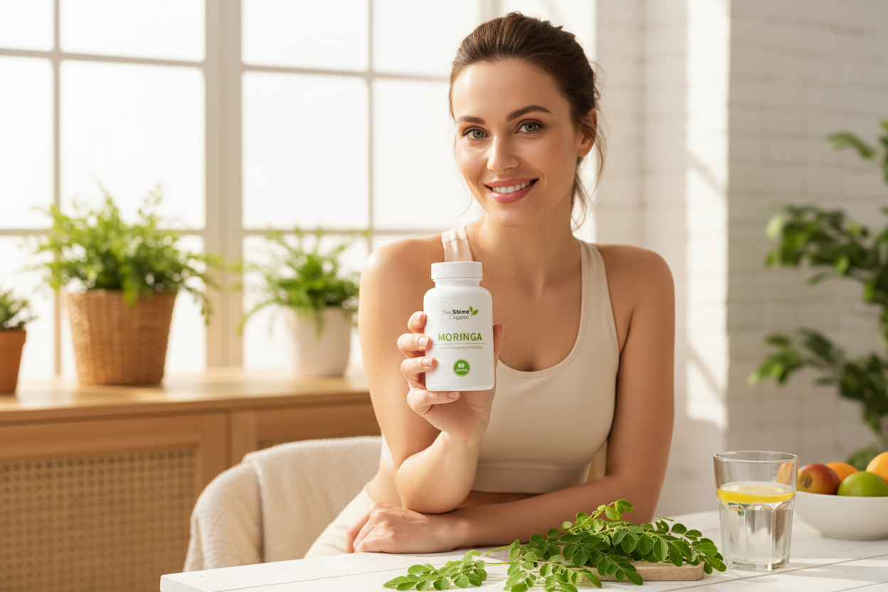 Woman with Moringa Bottle