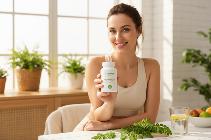 Woman with Moringa Bottle